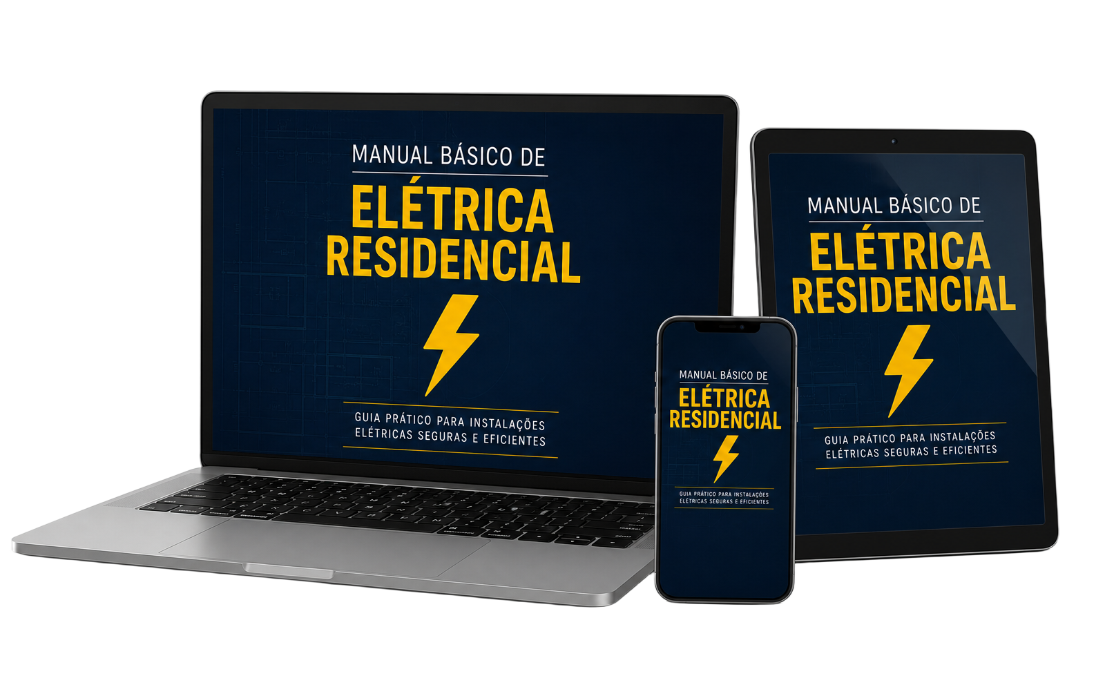 eBook Manual Básico de Elétrica Residencial aberto em notebook, tablet e smartphone